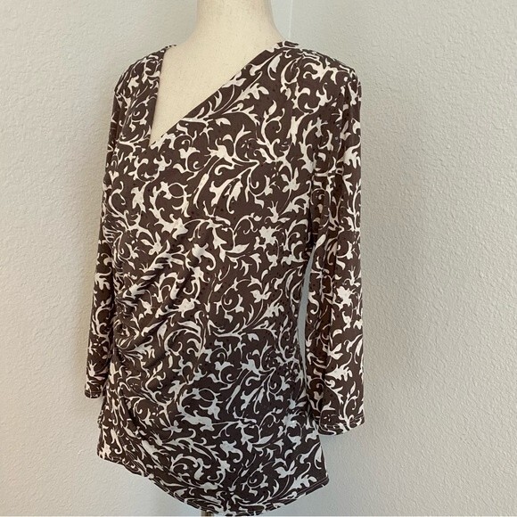 NWT Shimmer Ruche Asymmetrical Neck 3/4 sleeve Floral Taupe Top by JBS Size S - Picture 2 of 10